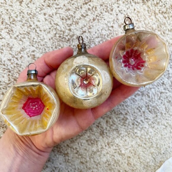 Vintage Christmas Ornaments Unsilvered Gold Pink Clear Set of 3 Trio - Picture 1 of 3